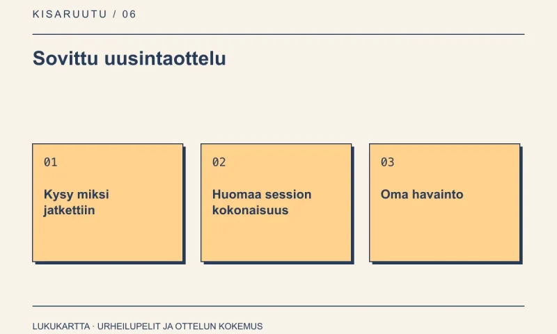 Lukukartta: Sovittu uusintaottelu. Kysy miksi jatkettiin, Huomaa session kokonaisuus, Oma havainto.