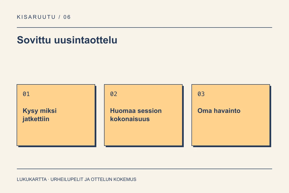 Lukukartta: Sovittu uusintaottelu. Kysy miksi jatkettiin, Huomaa session kokonaisuus, Oma havainto.
