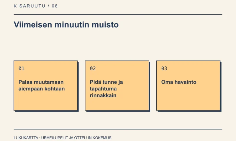 Lukukartta: Viimeisen minuutin muisto. Palaa muutamaan aiempaan kohtaan, Pidä tunne ja tapahtuma rinnakkain, Oma havainto.